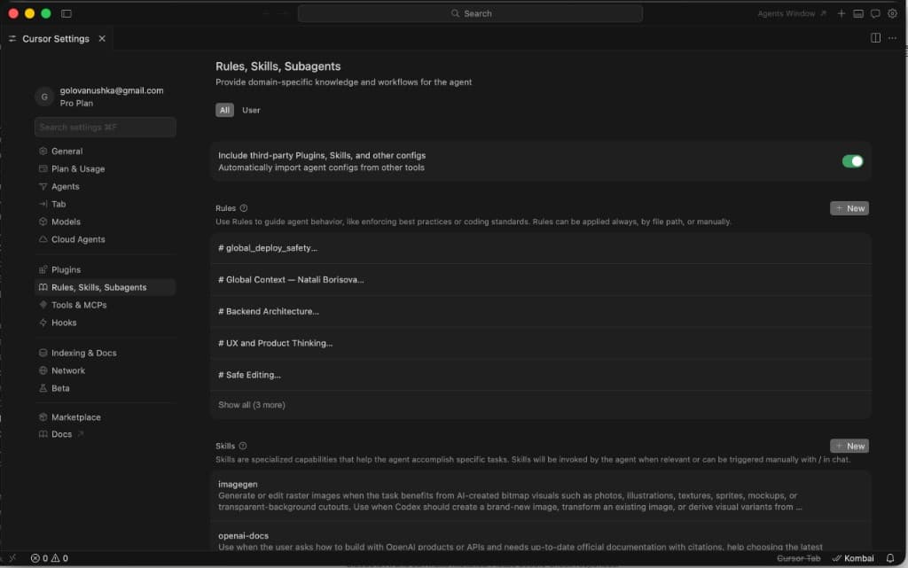 Экран настроек Rules в Cursor
