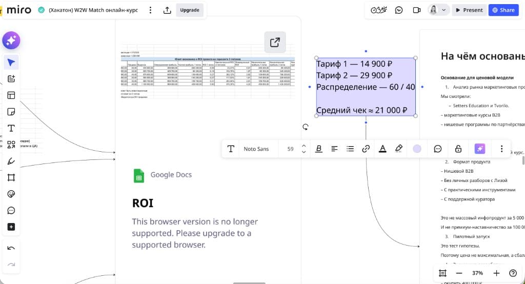 ROI и тарифная модель на доске Miro